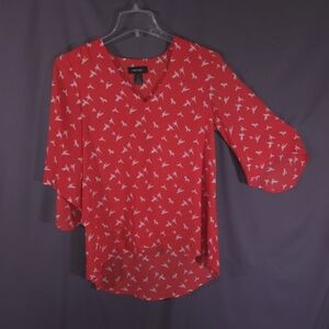 Karen Kane Asymmetric Blouse Hummingbird Design Angel Sleeve High Low‎ Size Med